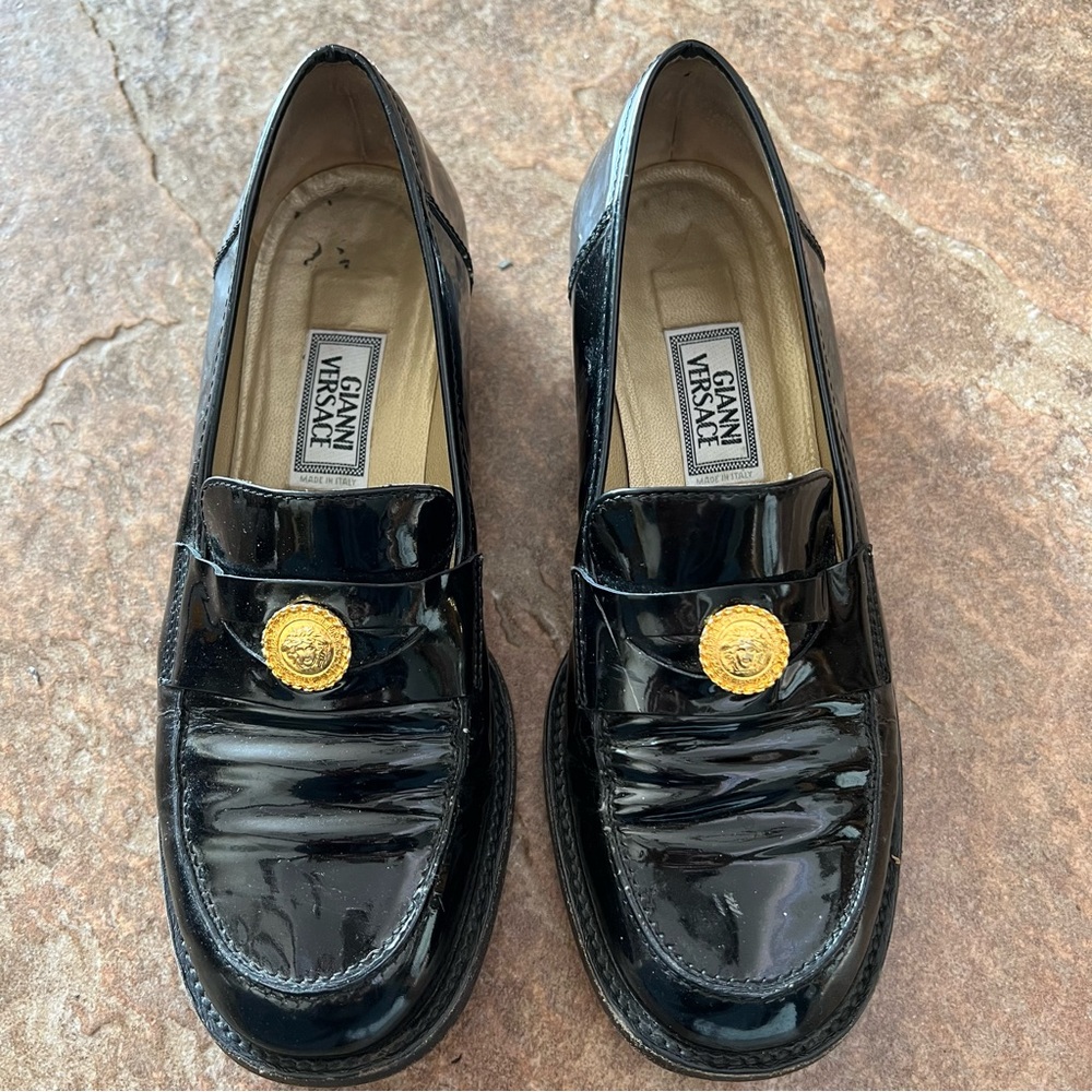 Versace Vintage 90s Black Patent Leather Medusa Chunky Heel Loafers